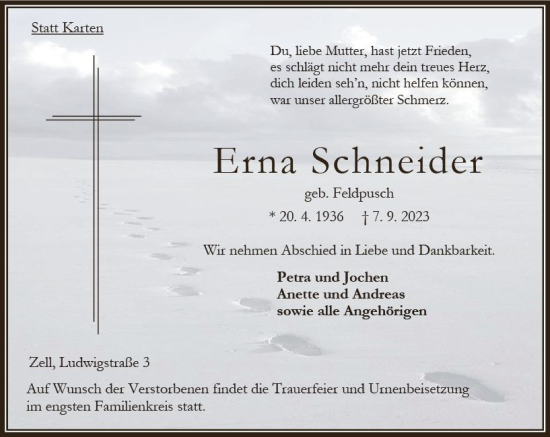 Traueranzeige von Erna Schneider von Oberhessen Kurier