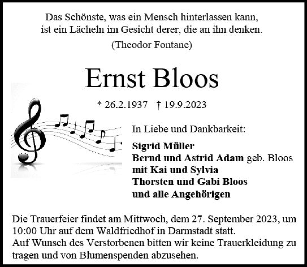 Traueranzeige für Ernst Bloos vom 23.09.2023 aus Darmstädter Echo
