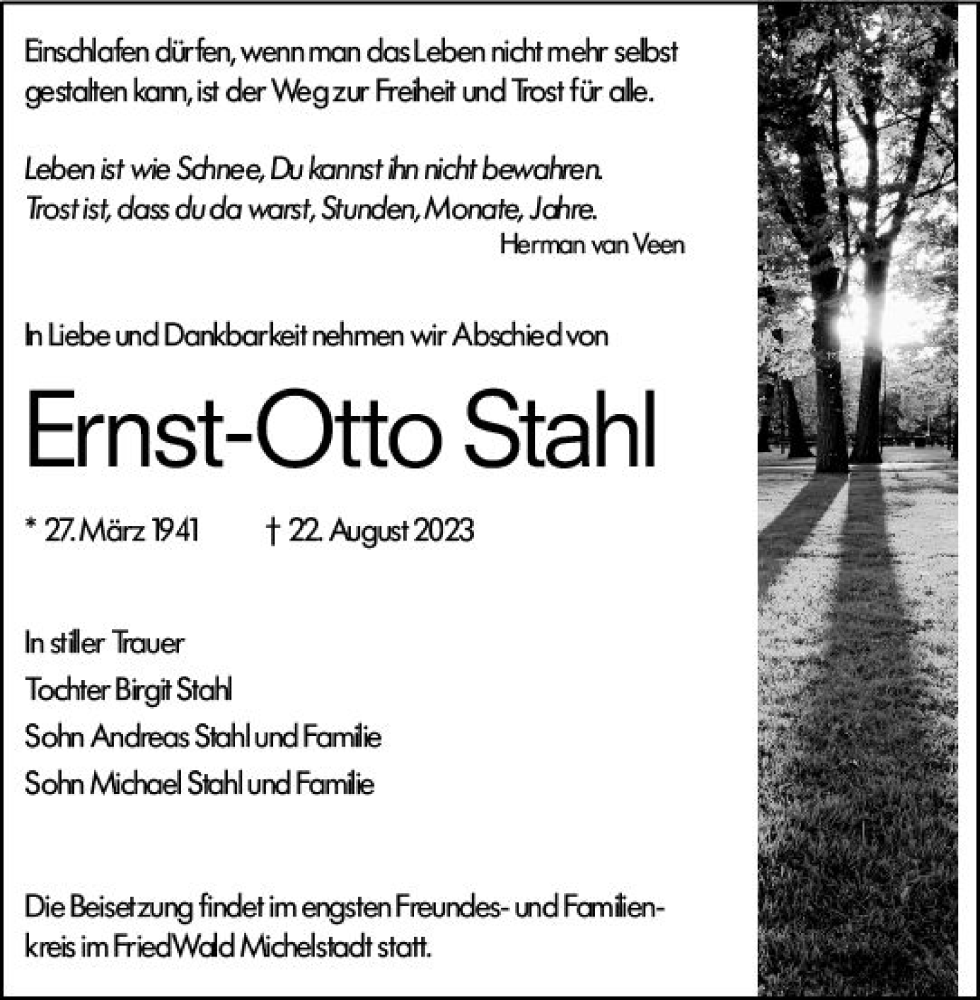  Traueranzeige für Ernst-Otto Stahl vom 01.09.2023 aus Darmstädter Echo