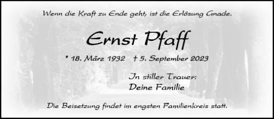 Traueranzeige von Ernst Pfaff von Wiesbadener Kurier
