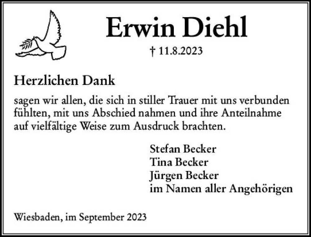  Traueranzeige für Erwin Diehl vom 16.09.2023 aus Wiesbadener Kurier