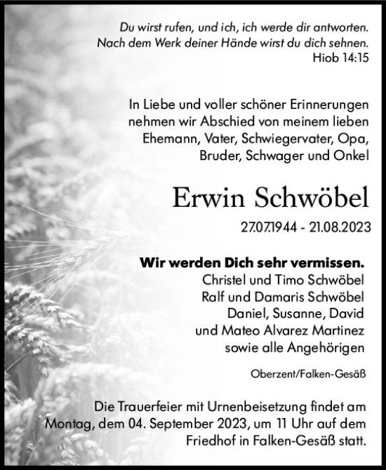 Traueranzeige von Erwin Schwöbel von Odenwälder Echo