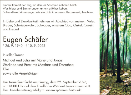 Traueranzeige von Eugen Schäfer von Wetzlarer Neue Zeitung