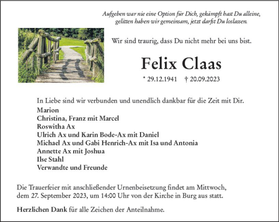 Traueranzeige von Felix Claas von Dill Block