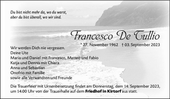 Traueranzeige von Francesco De Gullio von VRM Trauer