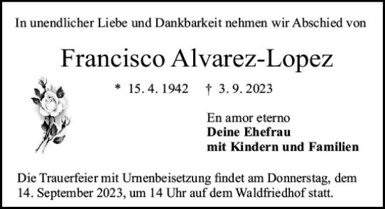 Traueranzeige von Francisco Alvarez-Lopez von Darmstädter Echo