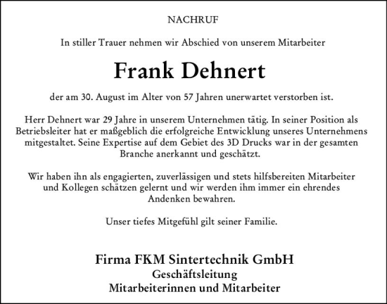Traueranzeige von Frank Dehnert von Hinterländer Anzeiger