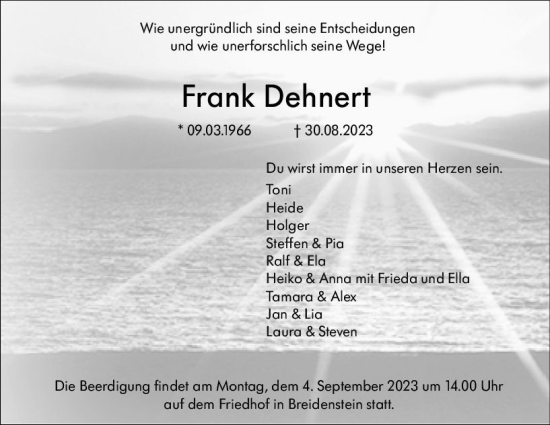 Traueranzeige von Frank Dehnert von Hinterländer Anzeiger