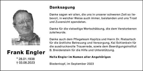 Traueranzeige von Frank Engler von Hinterländer Anzeiger