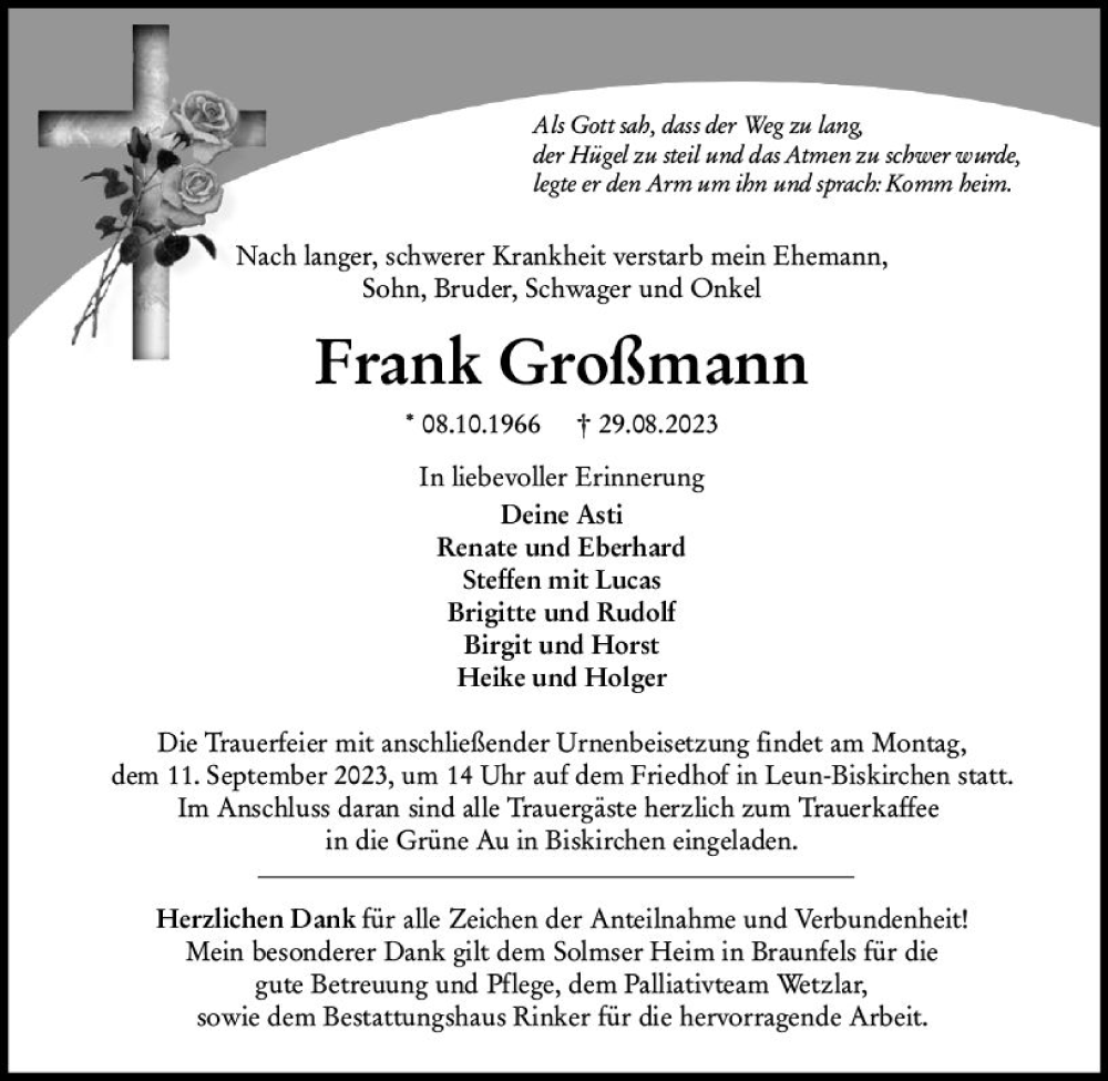  Traueranzeige für Frank Großmann vom 08.09.2023 aus Wetzlarer Neue Zeitung