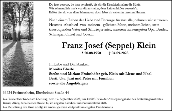 Traueranzeige von Franz Josef Klein von Allgemeine Zeitung Alzey
