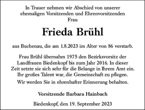 Traueranzeige von Frieda Brühl von Hinterländer Anzeiger