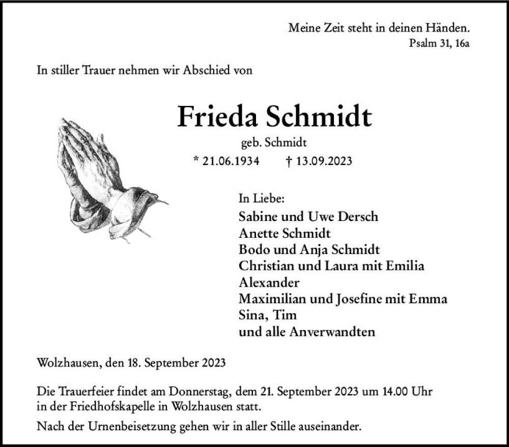  Traueranzeige für Frieda Schmidt vom 18.09.2023 aus Hinterländer Anzeiger