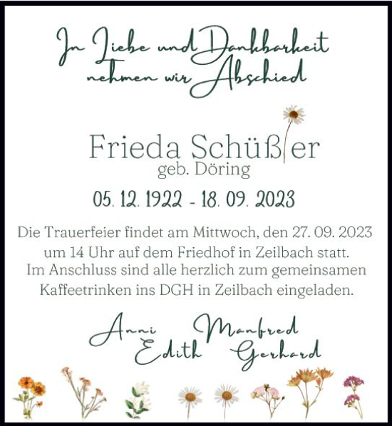 Traueranzeige von Frieda Schüßer von VRM Trauer