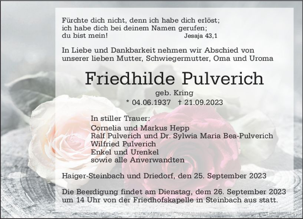  Traueranzeige für Friedhilde Pulverich vom 25.09.2023 aus Dill Block