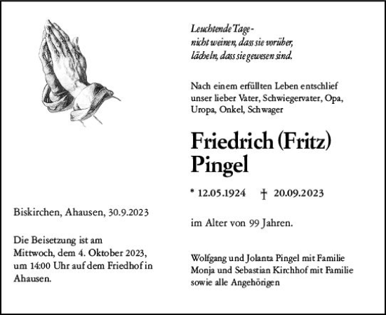 Traueranzeige von Friedrich Pingel von Weilburger Tageblatt