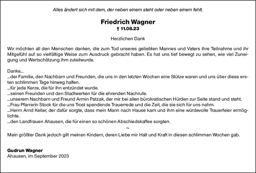  Traueranzeige für Friedrich Wagner vom 16.09.2023 aus Weilburger Tageblatt