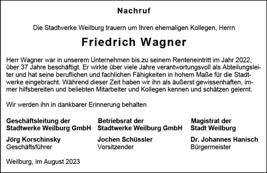Traueranzeige von Friedrich Wagner von Weilburger Tageblatt
