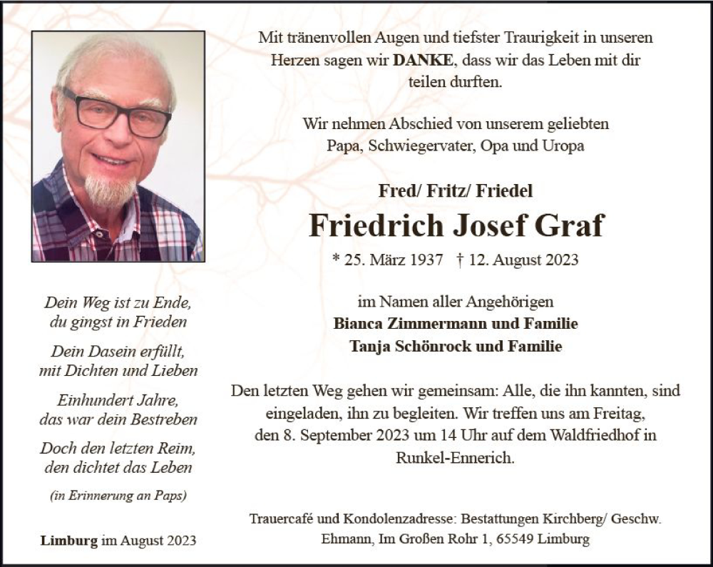  Traueranzeige für Friedrich Josef Graf vom 02.09.2023 aus Nassauische Neue Presse