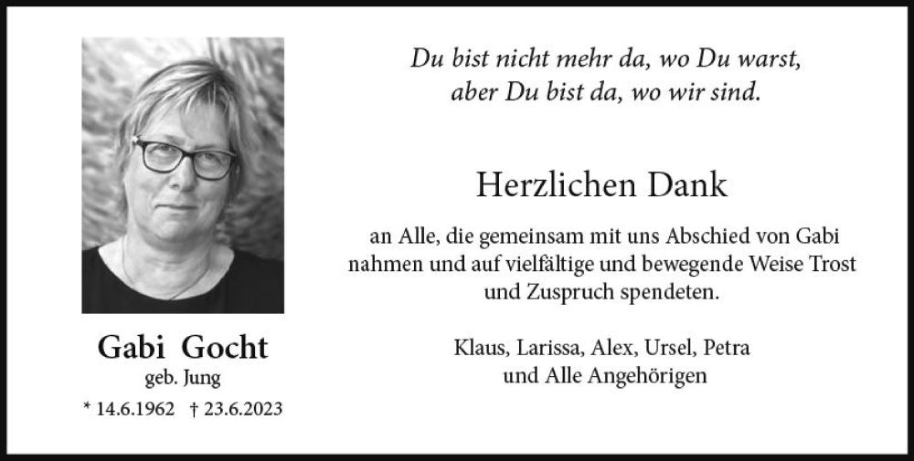  Traueranzeige für Gabi Gocht vom 02.09.2023 aus Rüsselsheimer Echo