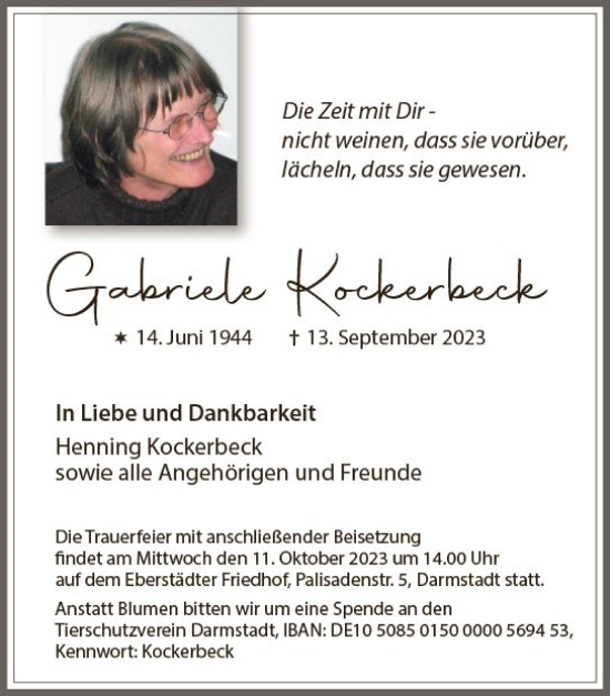 Traueranzeige von Gabriele Kockerbeck von Darmstädter Echo