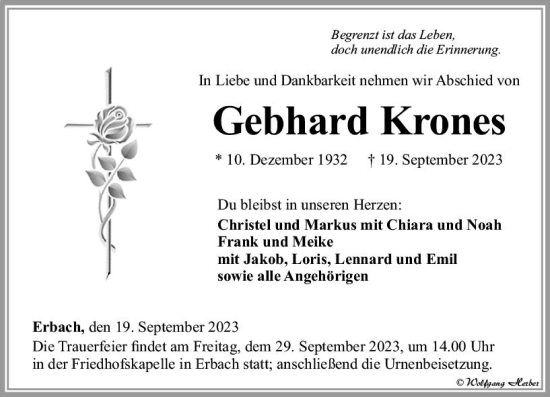 Traueranzeige von Gebhard Krones von Camberger Anzeiger