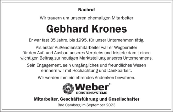 Traueranzeige von Gebhard Krones von Camberger Anzeiger