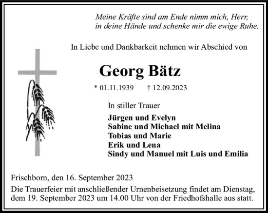 Traueranzeige von Georg Bätz von VRM Trauer