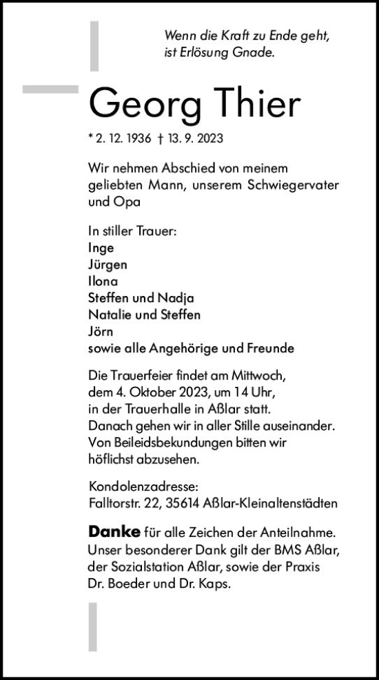 Traueranzeige von Georg Thier von Wetzlarer Neue Zeitung
