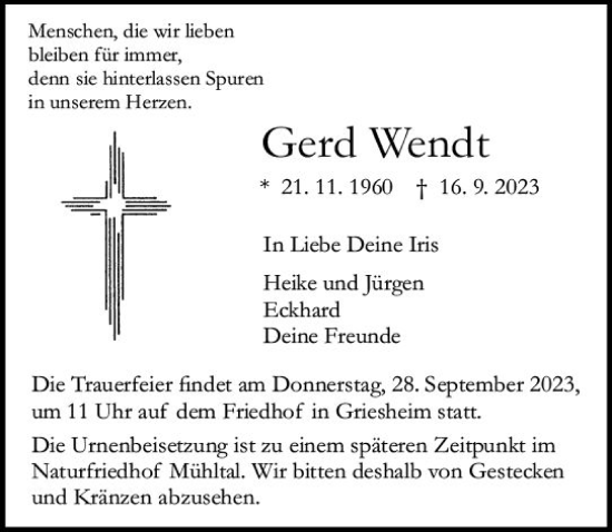 Traueranzeige von Gerd Wendt von Darmstädter Echo