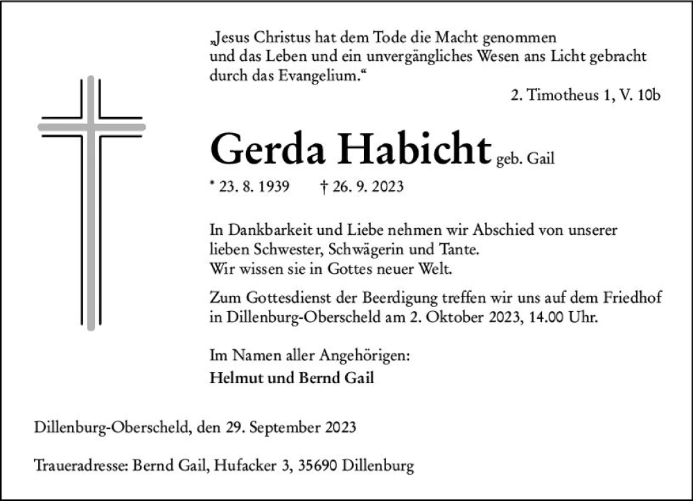  Traueranzeige für Gerda Habicht vom 29.09.2023 aus Dill Block
