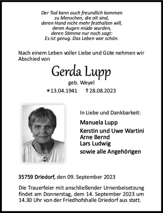 Traueranzeige von Gerda Lupp von Dill Block