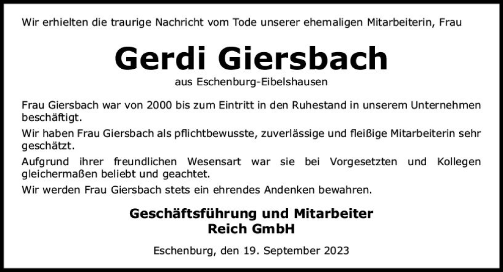  Traueranzeige für Gerdi Giersbach vom 22.09.2023 aus Dill Block