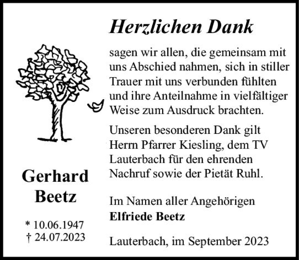  Traueranzeige für Gerhard Beetz vom 23.09.2023 aus VRM Trauer