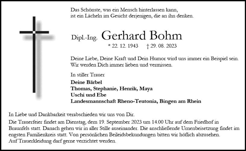  Traueranzeige für Gerhard Bohm vom 16.09.2023 aus Wetzlarer Neue Zeitung
