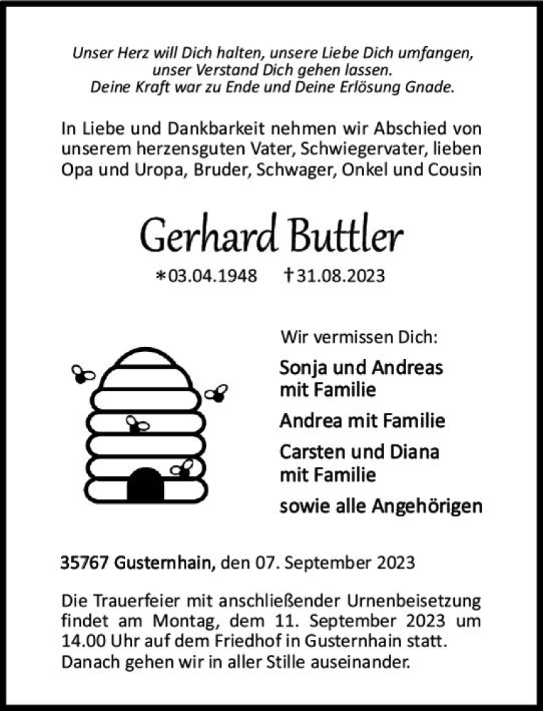  Traueranzeige für Gerhard Buttler vom 07.09.2023 aus Dill Block