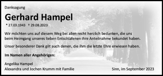 Traueranzeige von Gerhard Hampel von Dill Block