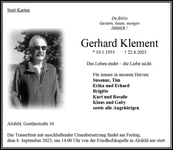 Traueranzeige von Gerhard Klement von Oberhessen Kurier
