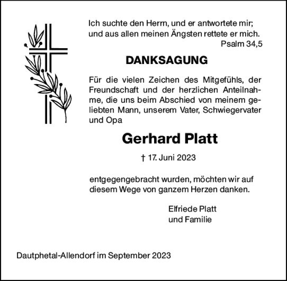  Traueranzeige für Gerhard Platt vom 02.09.2023 aus Hinterländer Anzeiger
