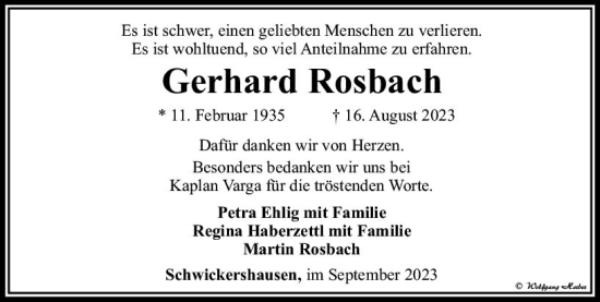 Traueranzeige von Gerhard Rosbach von Camberger Anzeiger