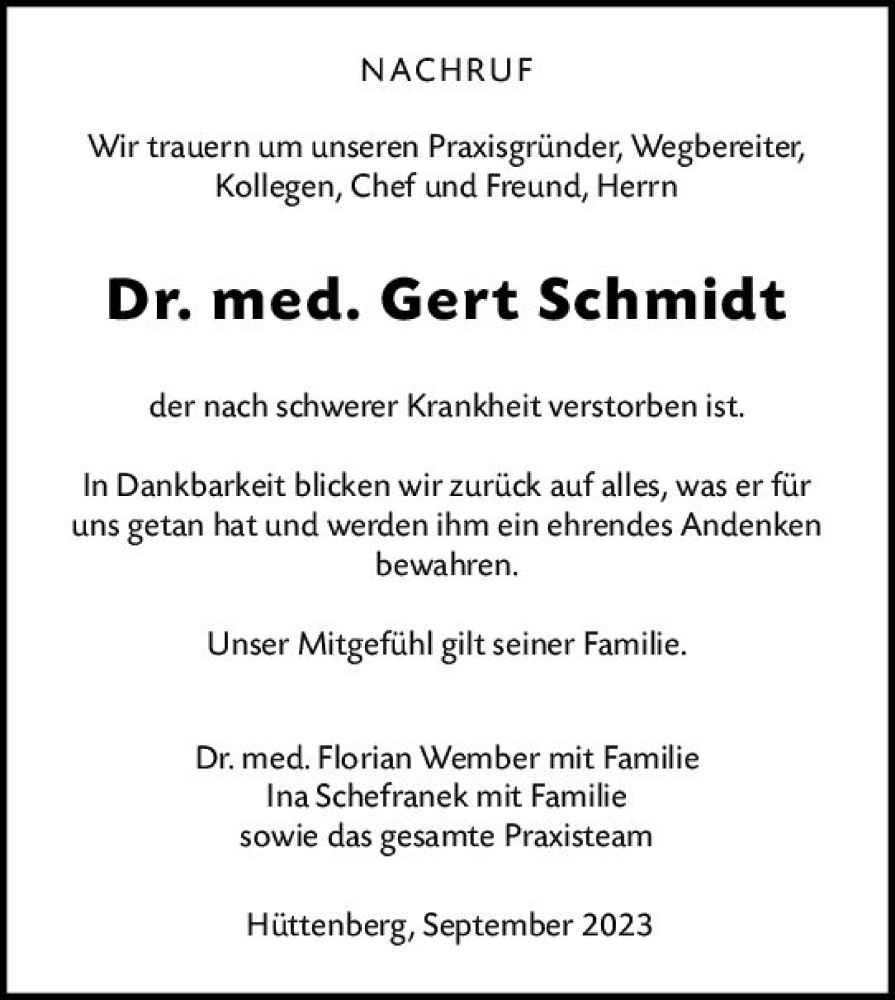  Traueranzeige für Gert Schmidt vom 16.09.2023 aus Wetzlarer Neue Zeitung