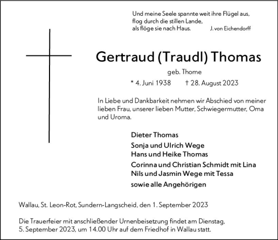 Traueranzeige von Gertraud Thomas von Hinterländer Anzeiger