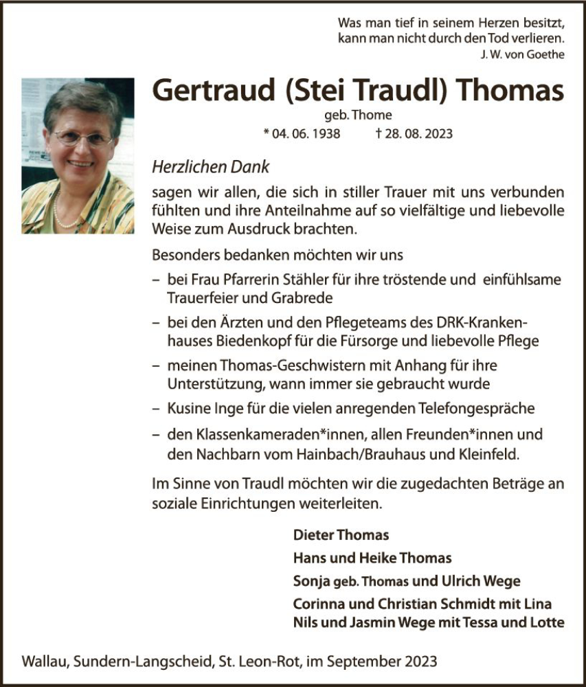  Traueranzeige für Gertraud Thomas vom 30.09.2023 aus Hinterländer Anzeiger