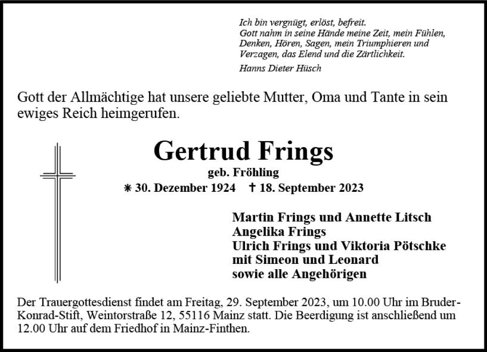  Traueranzeige für Gertrud Frings vom 23.09.2023 aus Allgemeine Zeitung Mainz