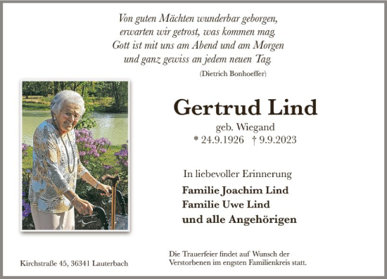 Traueranzeige von Gertrud Lind von VRM Trauer