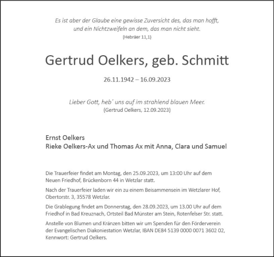 Traueranzeige von Gertrud Oelkers von Wetzlarer Neue Zeitung