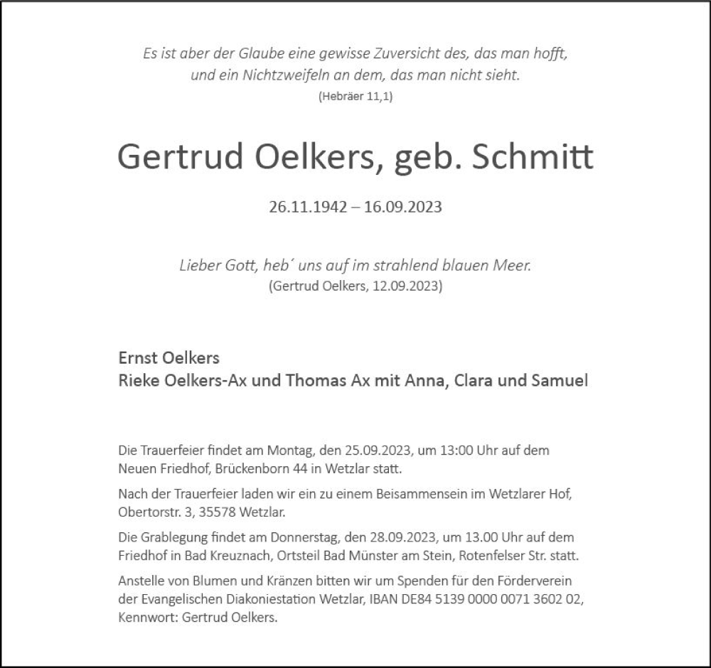  Traueranzeige für Gertrud Oelkers vom 20.09.2023 aus Wetzlarer Neue Zeitung