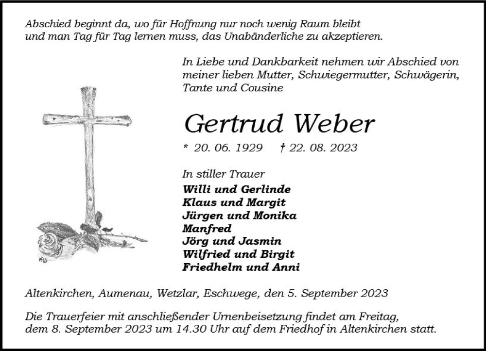  Traueranzeige für Gertrud Weber vom 05.09.2023 aus Wetzlarer Neue Zeitung