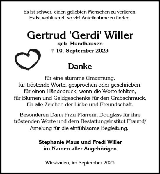 Traueranzeige von Gertrud  Willer von Wiesbadener Kurier