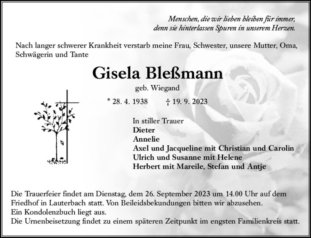  Traueranzeige für Gisela Bleßmann vom 22.09.2023 aus VRM Trauer